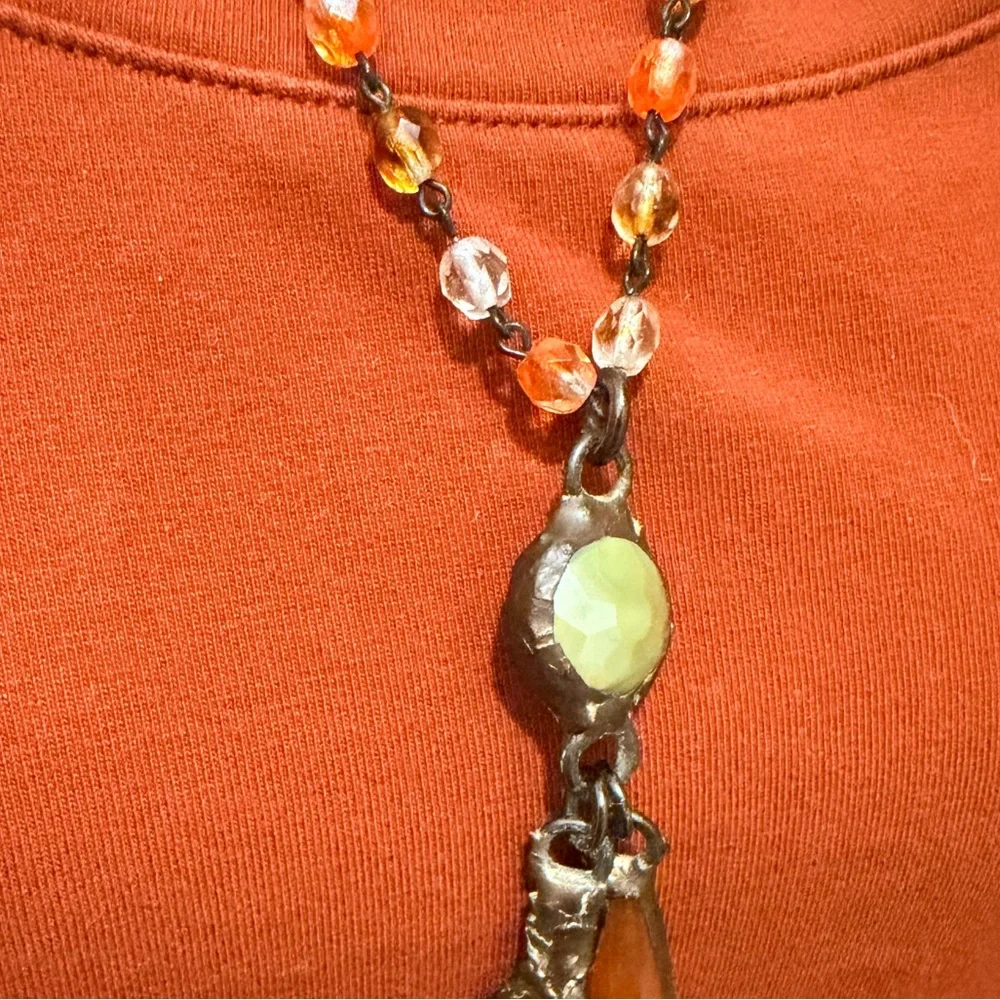 Bohemian-Style Orange Beaded Necklace with Feather Pendant